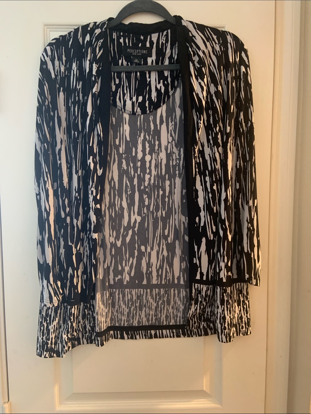 Perceptions Black & White Patterned Open-Front Cardigan